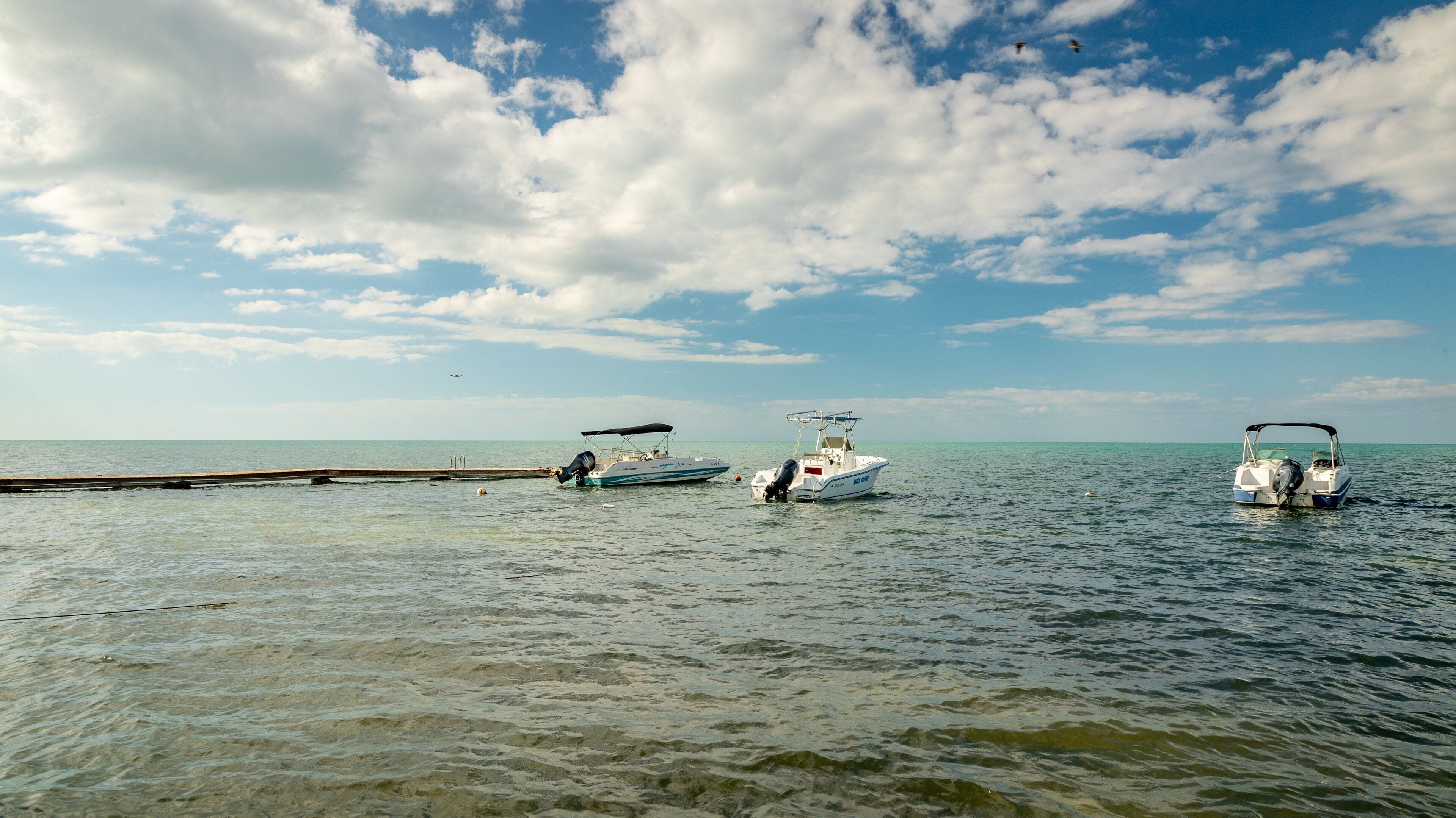 Three boats docked at a pier with a clear sky and calm sea.