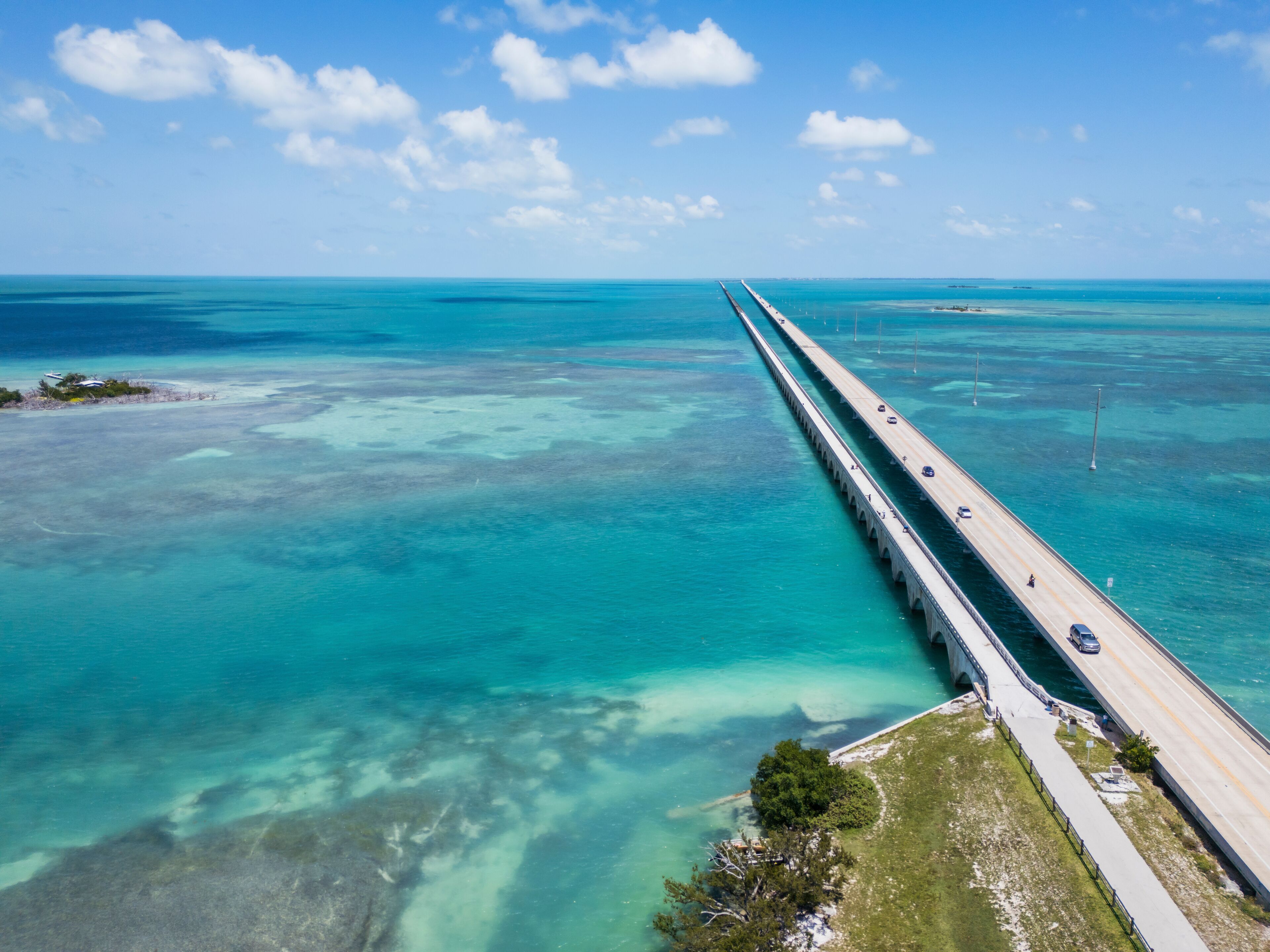 Aerial view of road to Key West with turquoise water and small island, Summerland Key, Florida, United States.