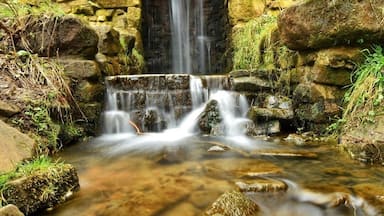 Uma ponte de pedra sobre um riacho corrente, com uma cascata ao fundo.