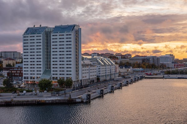VĂ€rtahamnen (Varta harbor), Sweden's largest passenger port with extensive ferry traffic to Finland and Estonia; view on Scandic hotel