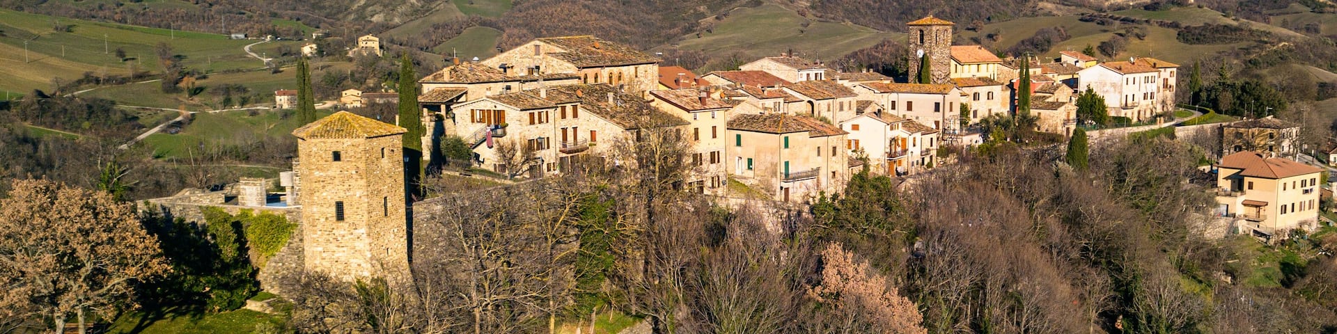 Italy January 2022, aerial view of the medieval village of Frontino in the province of Pesaro and Urbino in the Marche region