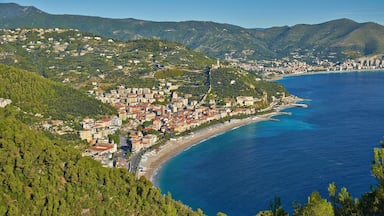 A coastal town with a beach, dense forested hills, and a clear blue sea.