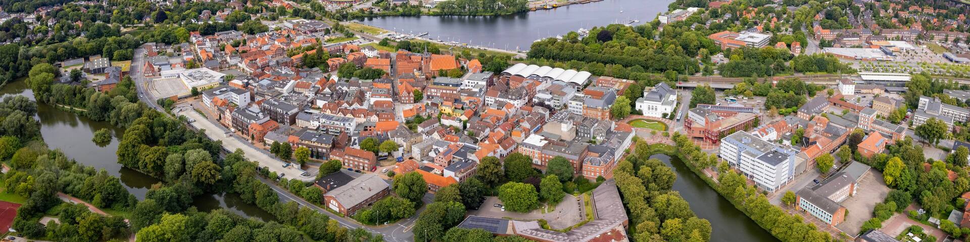 Aerial view of the old town of the city Rendsburg in Germany on an sunny spring afternoon