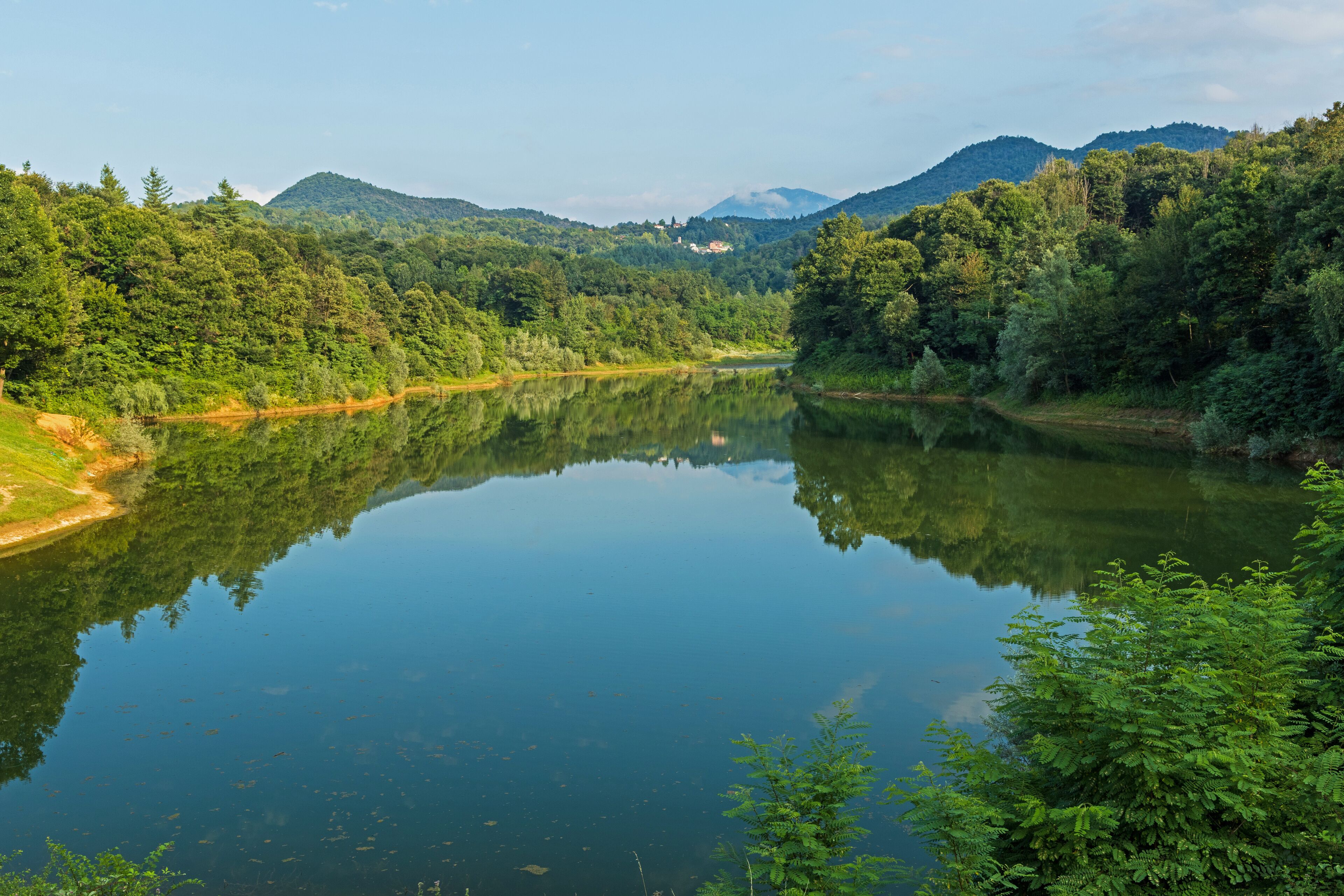 A calm river surrounded by dense forest and mountains.