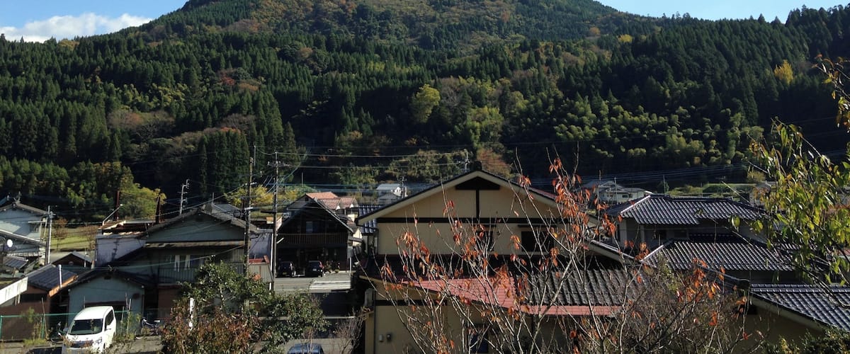 A mountain with a forested peak, surrounded by residential buildings with traditional architecture.