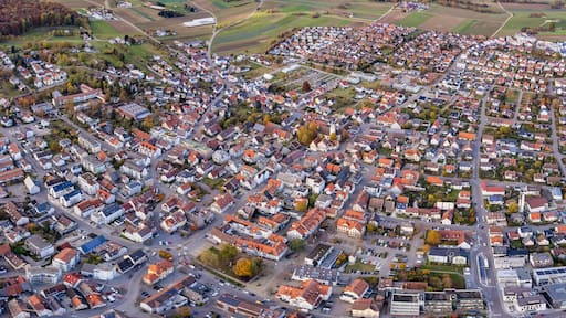 Aerial view of the old town of the city Laichingen
in Germany on a sunny afternoon in autumn