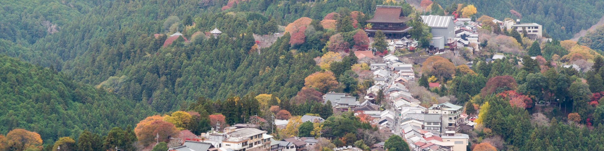 Paisagem montanhosa com um templo japonês tradicional e edifícios residenciais em meio à folhagem outonal.