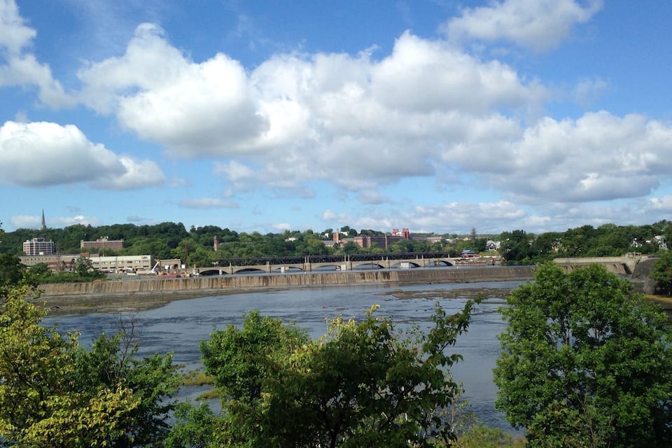 A river with a bridge, trees, and buildings in the background.