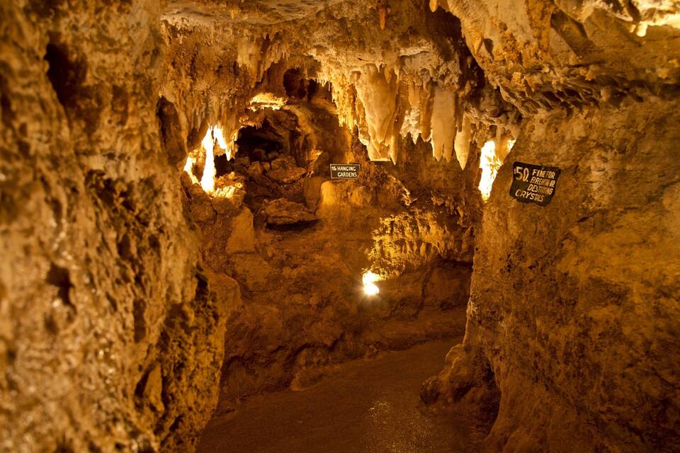 A cave with stalactites and stalagmites, illuminated by artificial lighting.