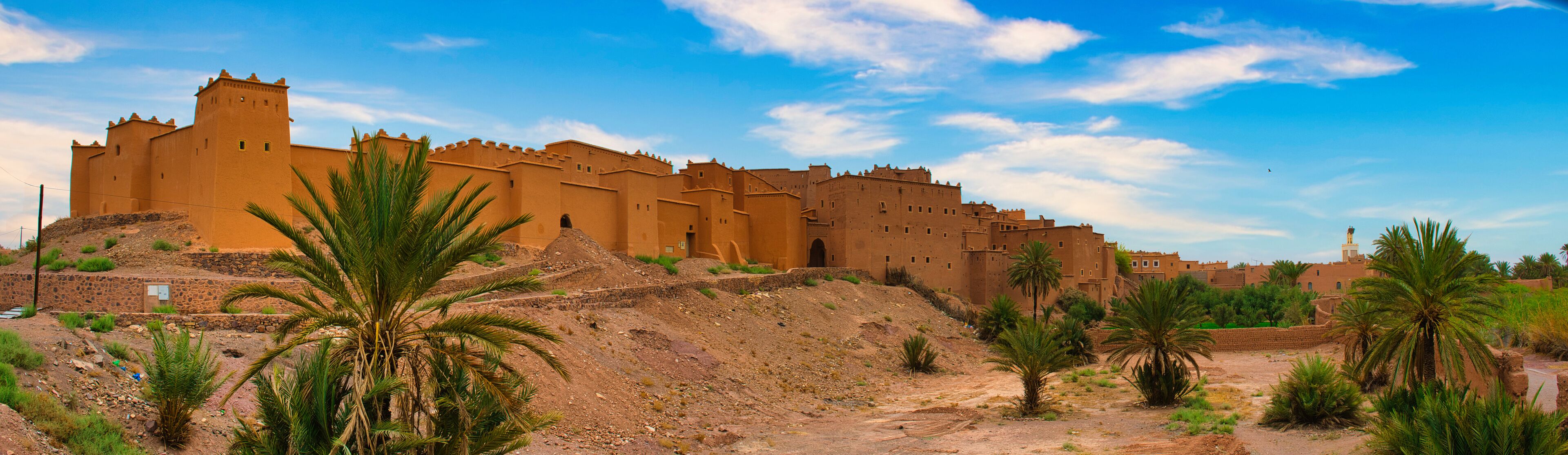 A large fortress with multiple towers and walls, surrounded by palm trees and rocky terrain.