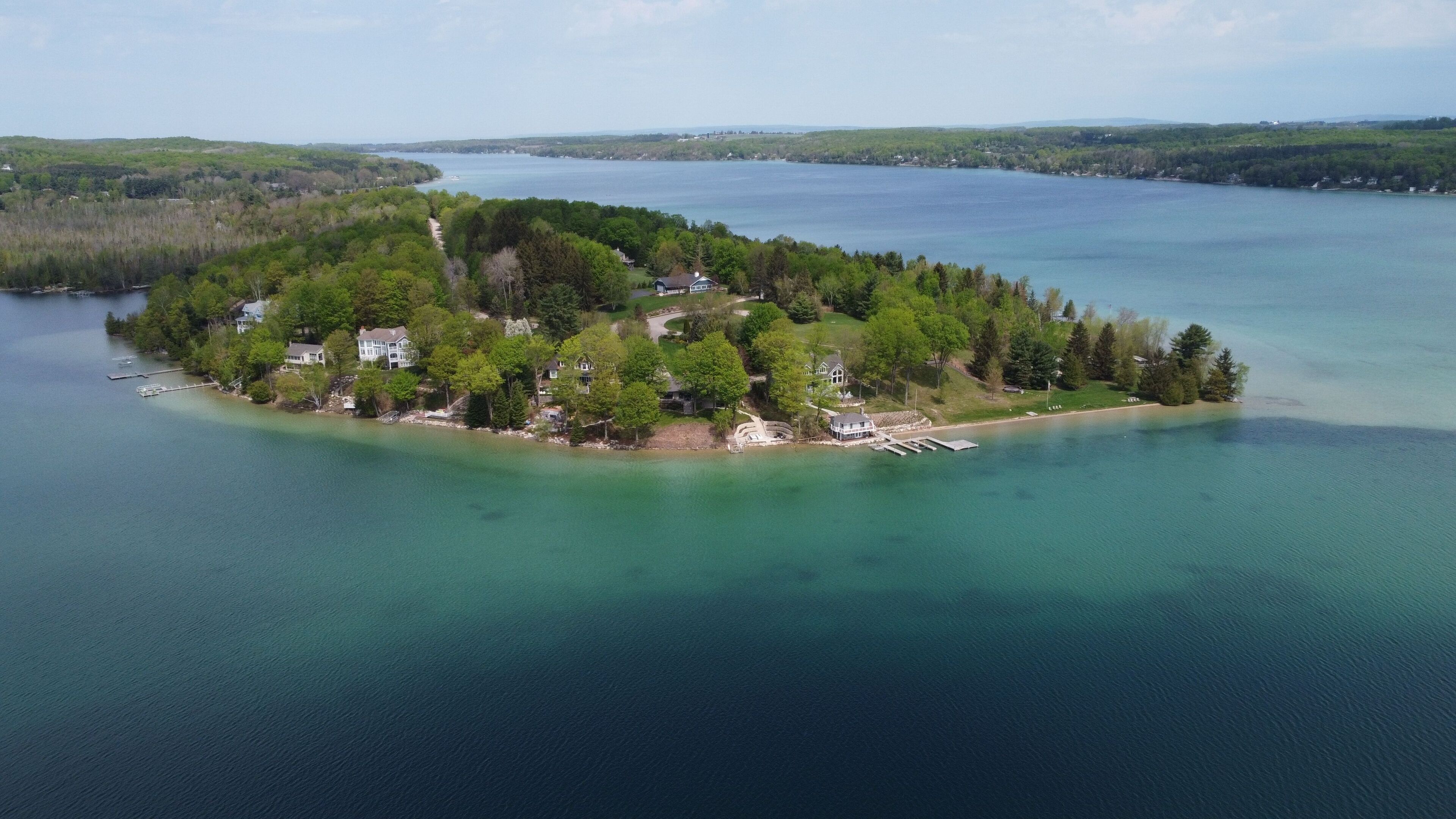 Aerial shot of a man-made lake called Lake Senftenberg in Lusatia, Brandenburg, Germany