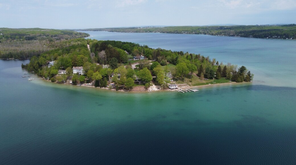Aerial shot of a man-made lake called Lake Senftenberg in Lusatia, Brandenburg, Germany