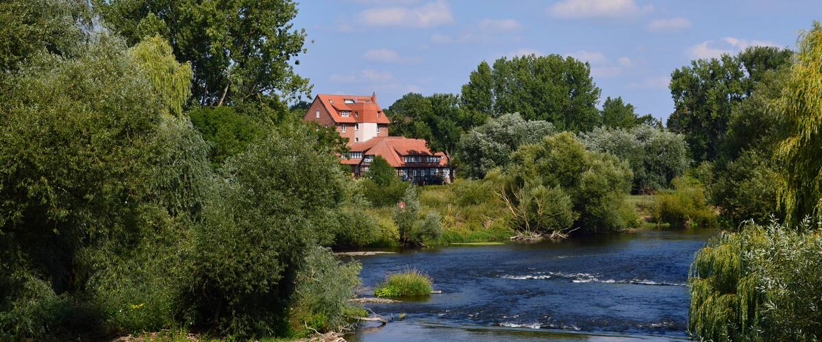 A river flowing through a lush landscape with dense greenery and a house with a red roof in the background.