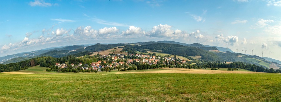 scenic view with fields to village of Leitersweiler in Sankt Wendel,