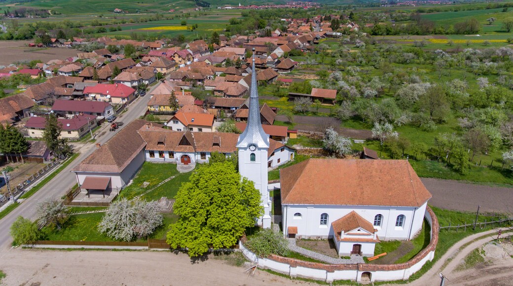 Talisoara Olasztelek village Church in Covasna County, Transylvania, Romania aerial view
