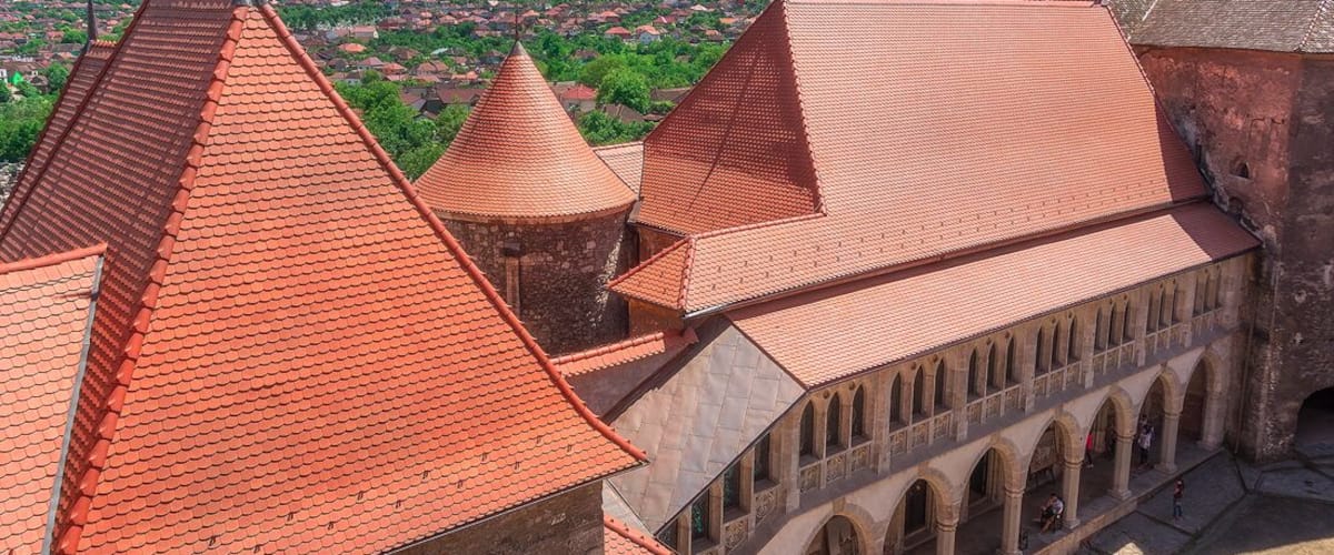 Courtyard rooftops of Corvin Castle.
http://www.alwayswanderlust.com/corvin-castle-the-fairy-tale-castle-of-romania/