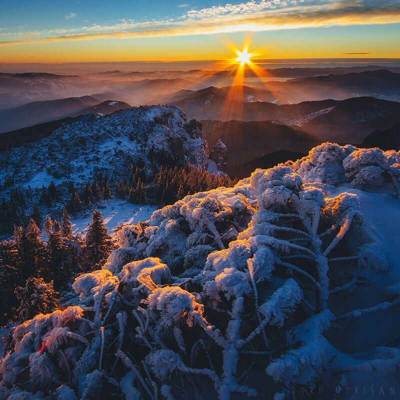 A sunrise over snow-covered mountains with a clear sky.