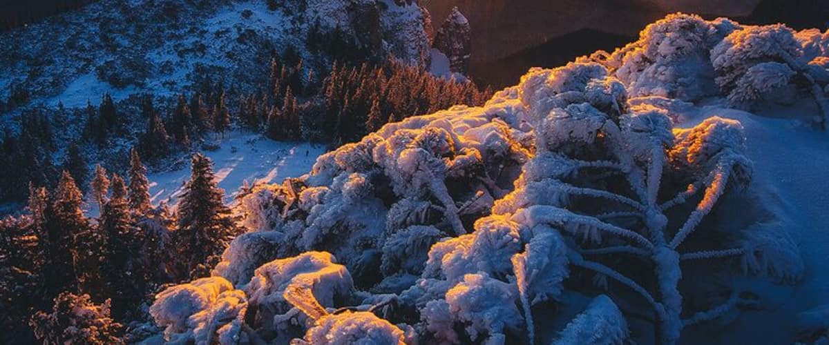 A sunrise over snow-covered mountains with a clear sky.