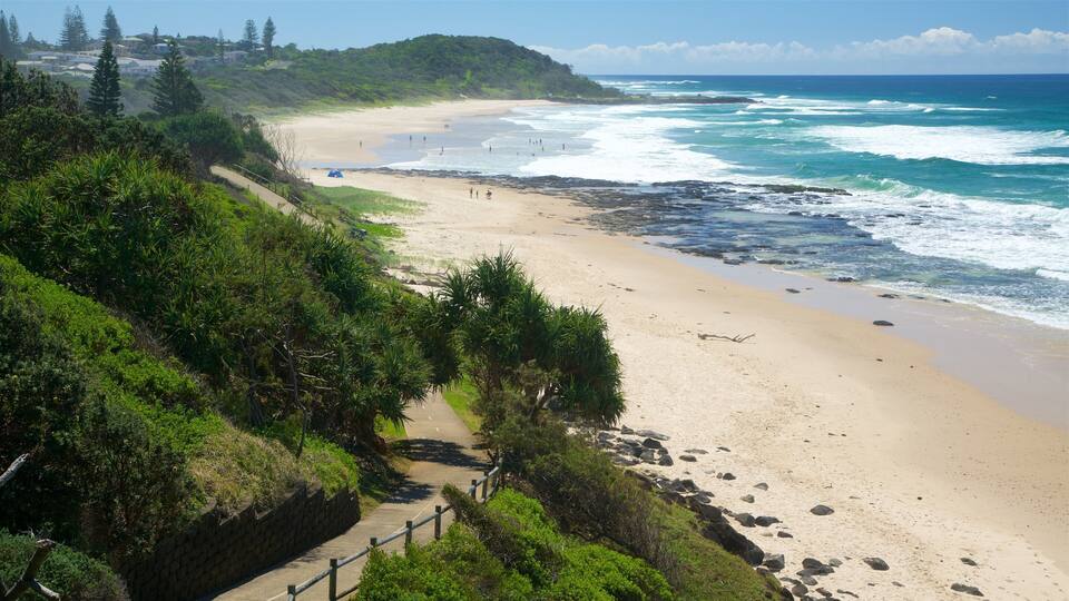 A beach with waves, a wooden walkway, and greenery.