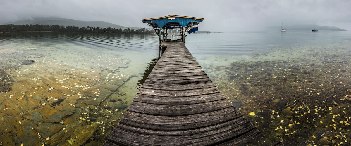 A wooden pier leading to a blue shelter by a calm lake with clear water and floating leaves.