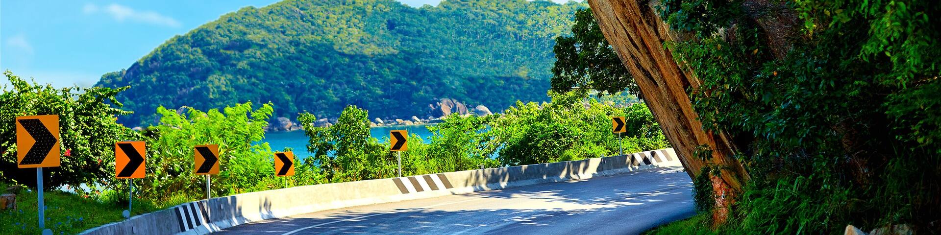 A winding road with sharp bends, surrounded by lush greenery and a mountainous backdrop.