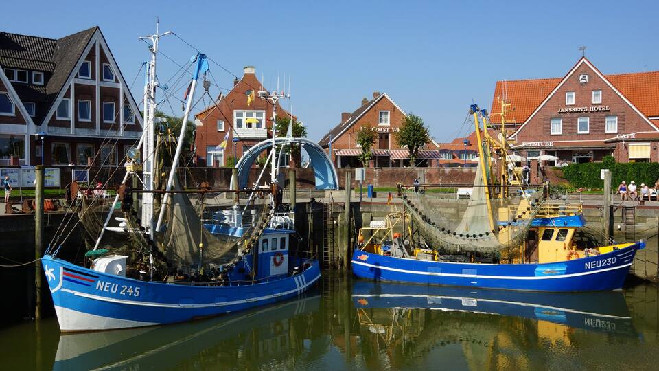 Two blue fishing boats docked at a harbor with buildings in the background.
