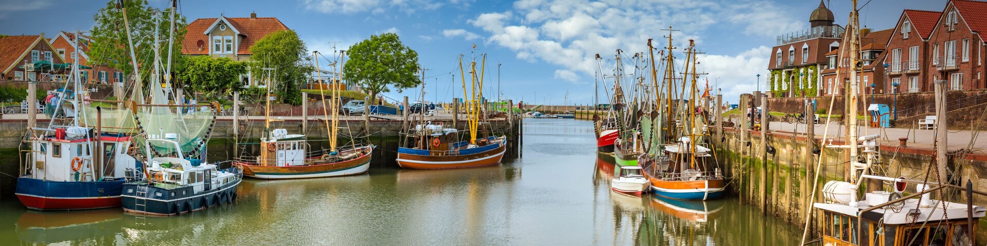 A harbor with boats docked along the water, surrounded by buildings and trees.