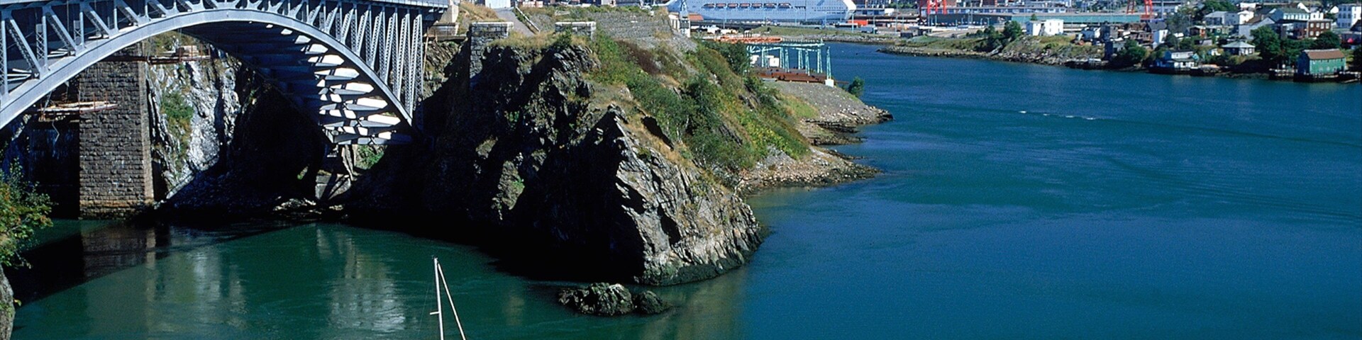 Reversing Falls mostrando una bahía o un puerto y un puente