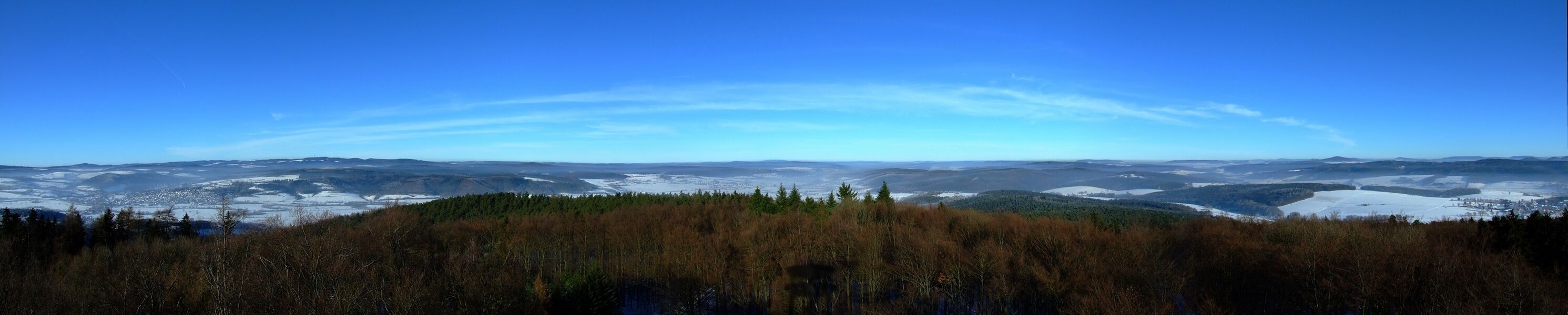 A mountainous landscape with a forested area in the foreground and a snow-covered valley in the background.
