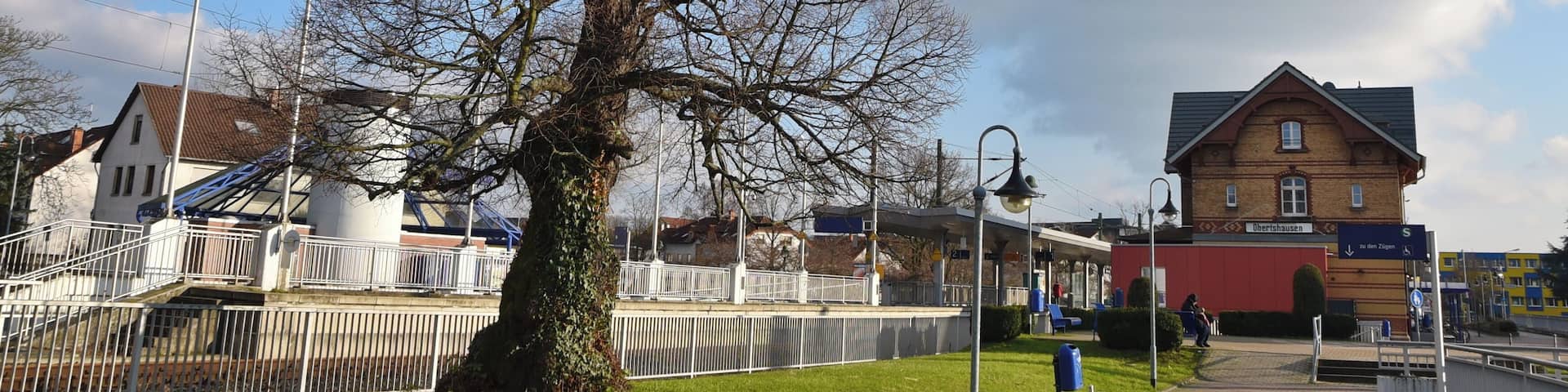 A large leafless tree, a building labeled 'Easterhouse', and a clear blue sky with clouds.