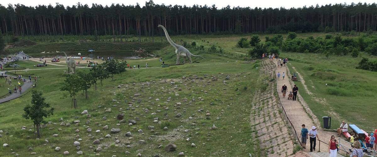A dinosaur exhibit with a large model dinosaur and a pathway for visitors.