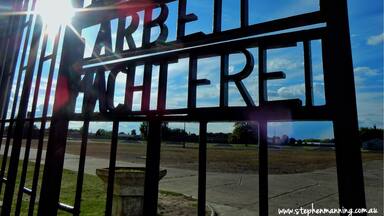 "Arbeit macht frei" is a German phrase meaning "work makes (you) free."
This was the gate at the entry of the Sachsenhausen Concentration Camp through which thousands of people of many races were marched by the Nazis to their death. I left through these gates shocked at the pure evil of what I learnt human beings were capable of.
The following excerpt from the camp commandant at his trial and is a graphical example.
- Kaindl: Until mid of 1943, prisoners were killed by shooting or hanging. For the mass exterminations, we used a special room in the infirmary. There was a height gauge and a table with an eye scope. There were also some SS wearing doctor uniforms. There was a hole at the back of the height gauge. While a SS was measuring the height of a prisoner, another one placed his gun in the hole and killed him by shooting in his neck. Behind the height gauge there was another room where we played music in order to cover the noise of the shooting.