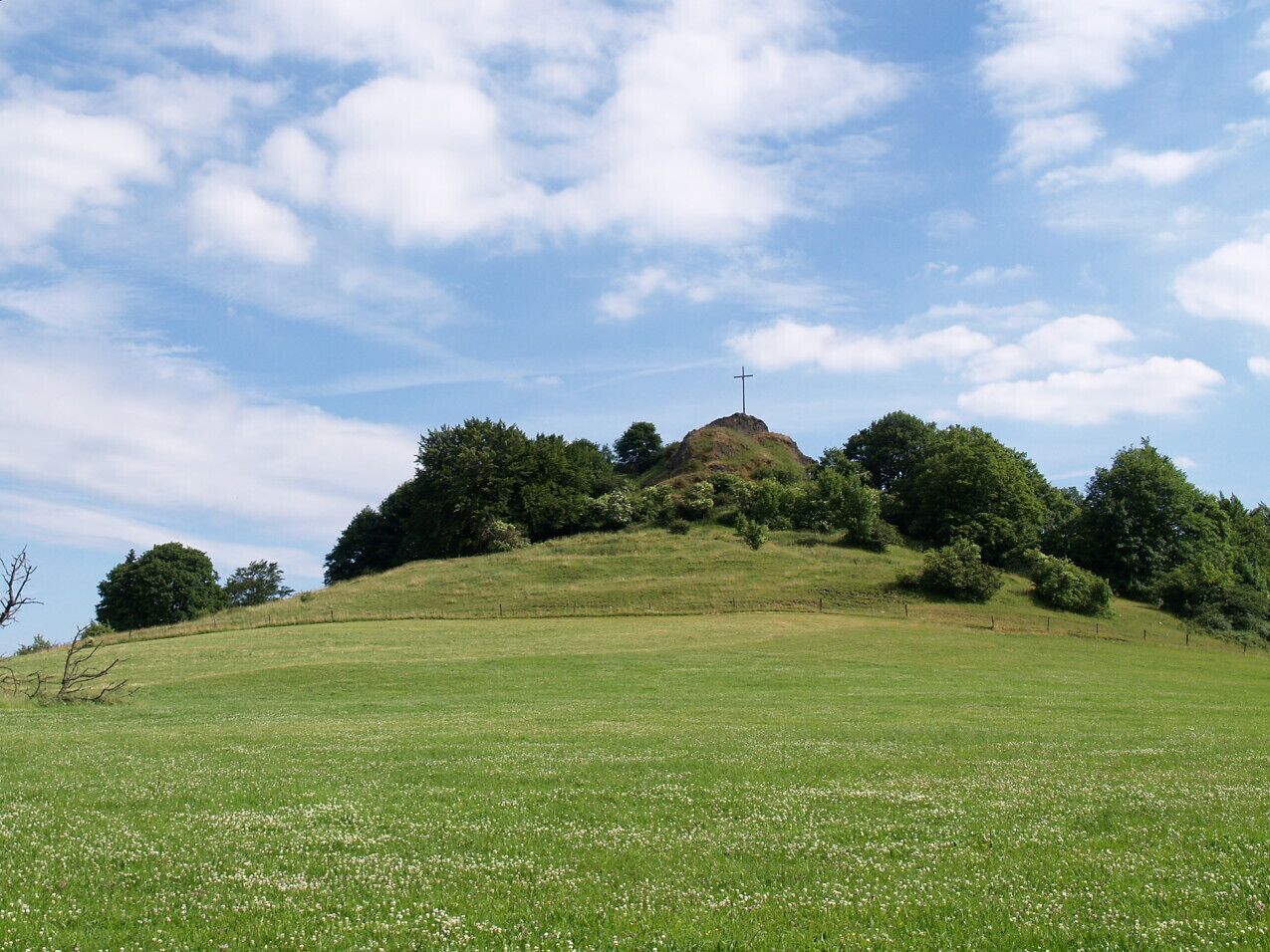 A grassy hill with a cross on top, surrounded by trees.