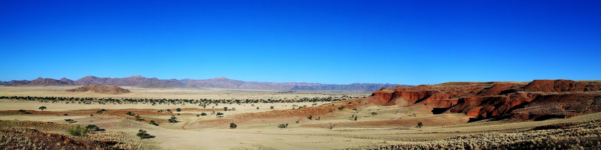 Vasta paisagem desértica com formações rochosas avermelhadas e vegetação escassa.