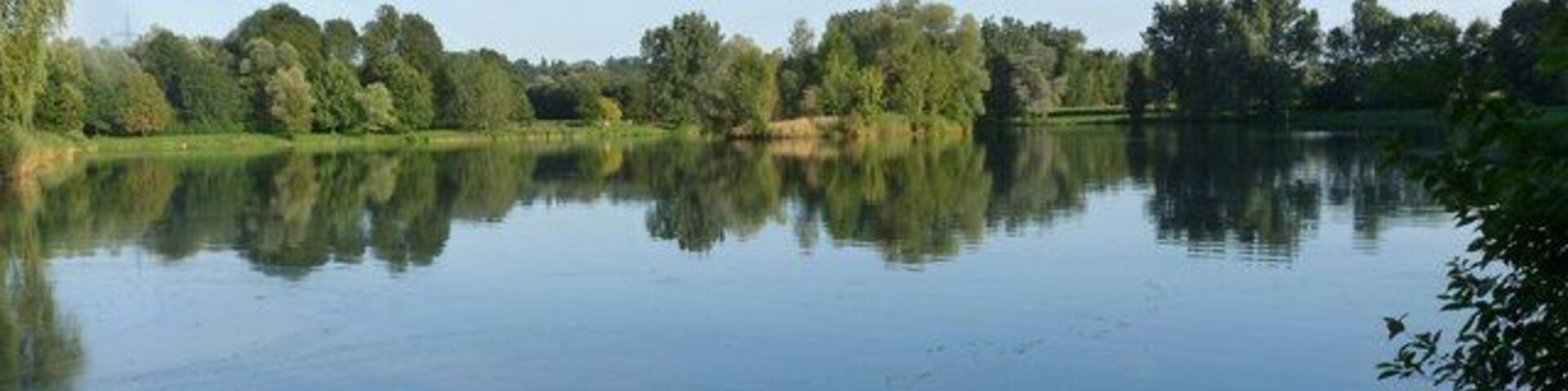 A calm lake with a clear reflection of trees and sky.