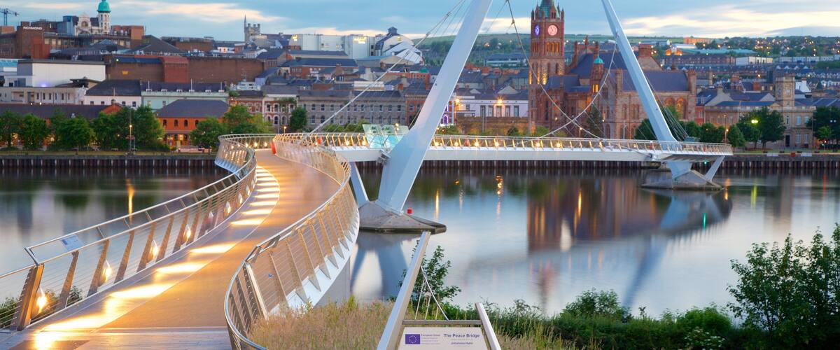 Peace Bridge showing modern architecture, a river or creek and a bridge