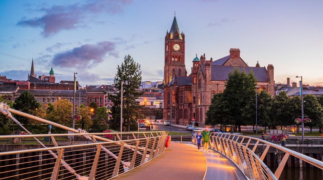 Peace Bridge which includes a sunset, a bridge and heritage architecture