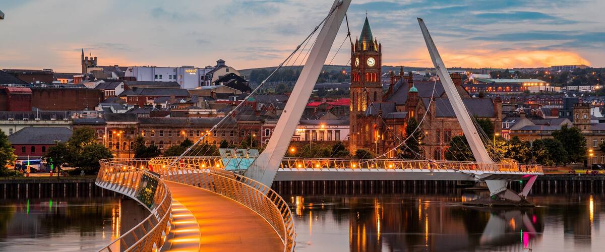 Peace Bridge featuring a city, a bridge and a sunset