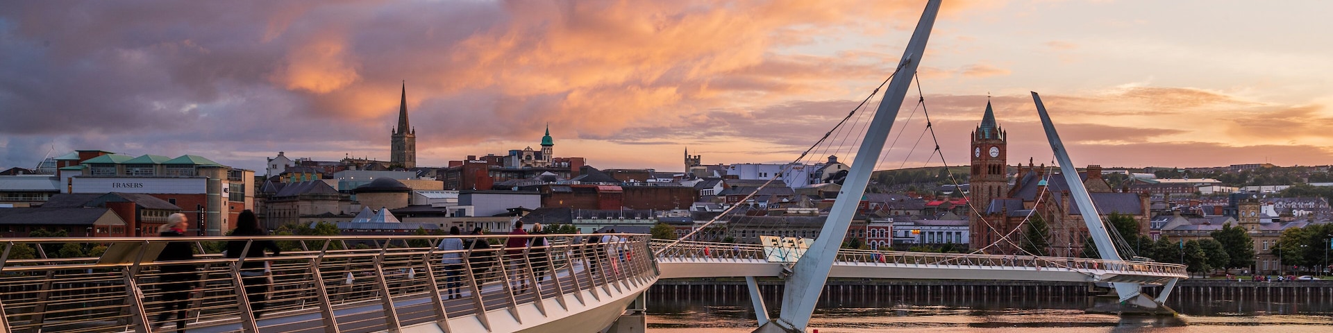 Peace Bridge showing a river or creek, a bridge and a sunset