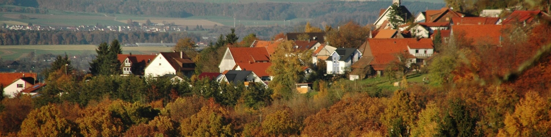 A village with red-roofed houses, surrounded by autumn-colored trees and a distant view of a hill with a church steeple.