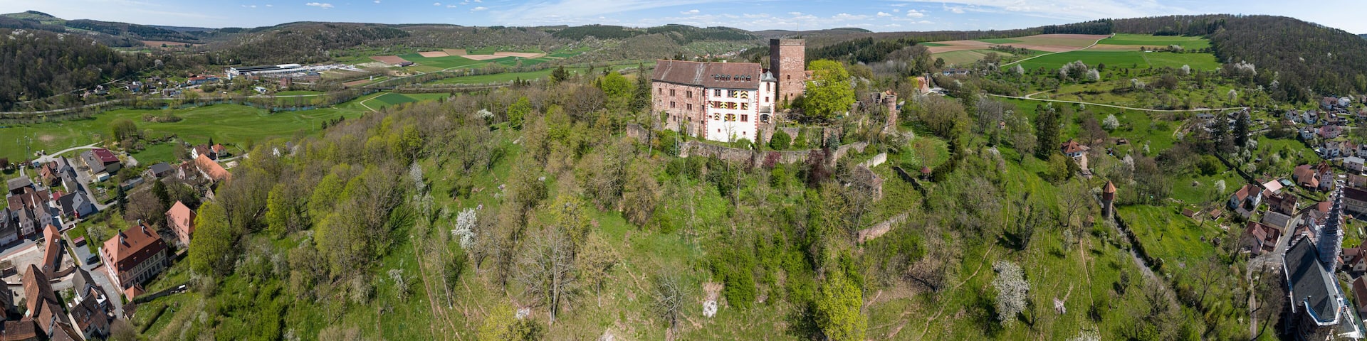 Germany, Baden-Wurttemberg, Werbach, Aerial panorama of Gamburg Castle and surrounding landscape