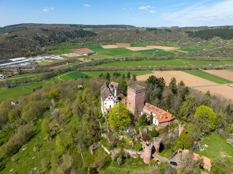 Aerial view, Gamburg Castle above Gamburg, Werbach, Tauber Valley, Baden-Württemberg, Germany