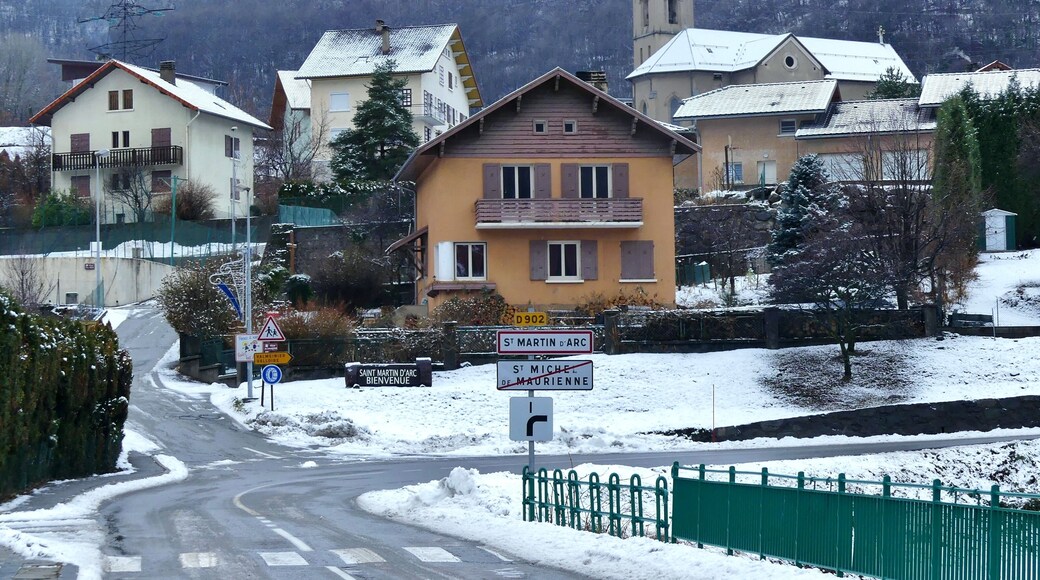 Entrance into the snow-covered village of Saint-Martin-d'Arc in Savoie, France.