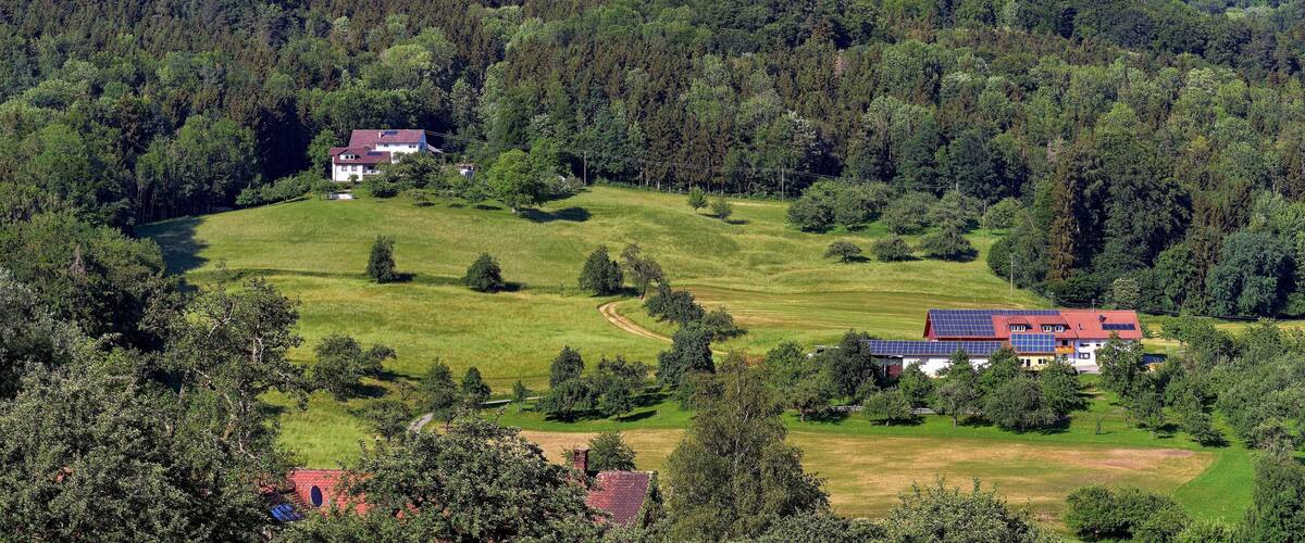 A rural landscape with a house on a hill, surrounded by dense forest and green fields.