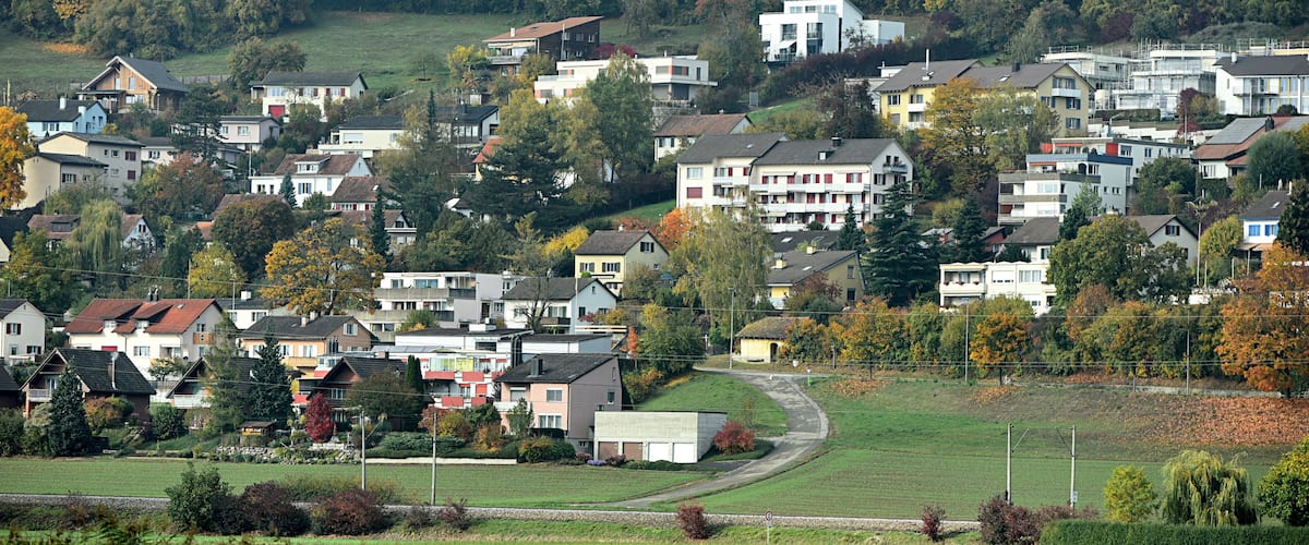 A residential area with houses, trees, and a winding road.