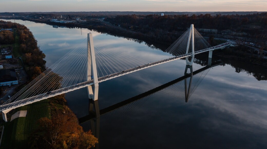Aerial of Oakley Clark Collins Memorial Bridge at Sunset - Cable-Stayed Suspension - Still Waters of the Ohio River - Russell, Kentucky and Ironton, Ohio