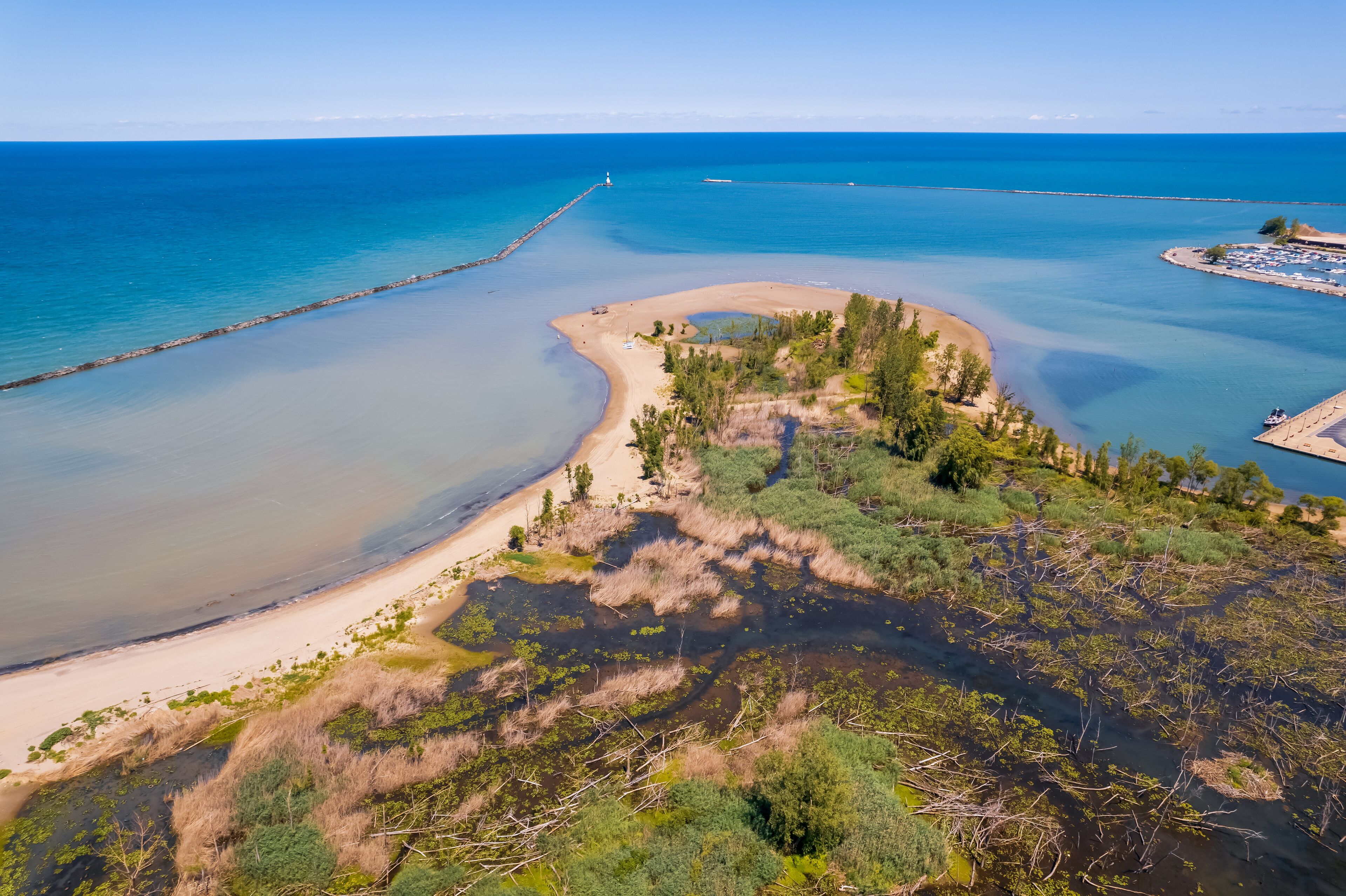 Scenic aerial landscape of Walnut beach park along Lake Erie shore line in Ashtabula county ,Ohio