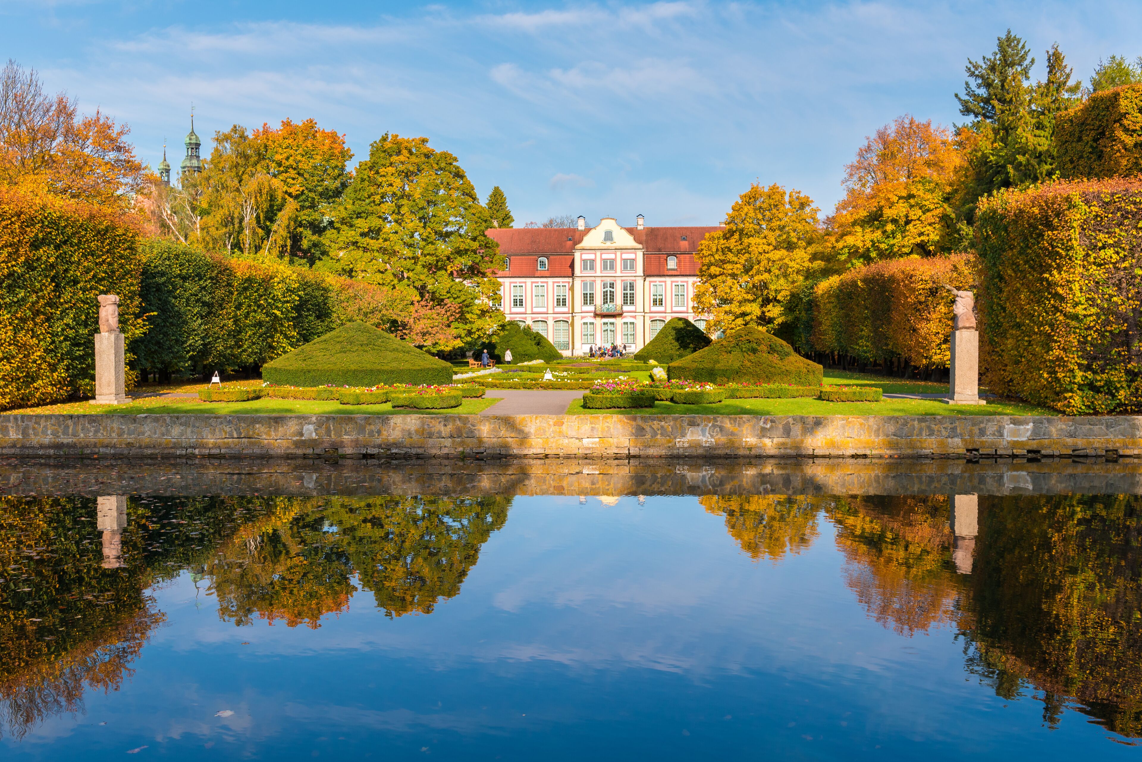 Abbots Palace built in the rococo style and located in Oliwa park. Autumn scenery. Gdansk, Poland.