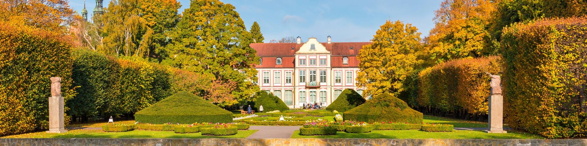 Abbots Palace built in the rococo style and located in Oliwa park. Autumn scenery. Gdansk, Poland.