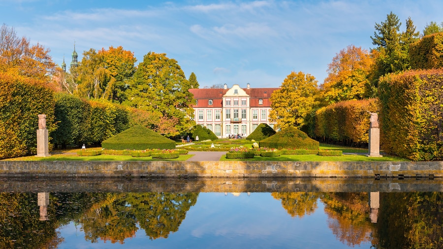 Abbots Palace built in the rococo style and located in Oliwa park. Autumn scenery. Gdansk, Poland.